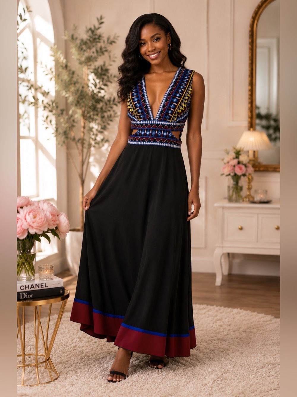 BCBGMAXAZRIA Embroidered Cutout Maxi Dress Boho Luxe Deep V Evening Gown Size 12